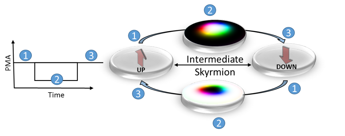 Left: PMA profile, Right: Spin states at various times during reversal as obtained by voltage controlled magnetic anisotropy (VCMA).